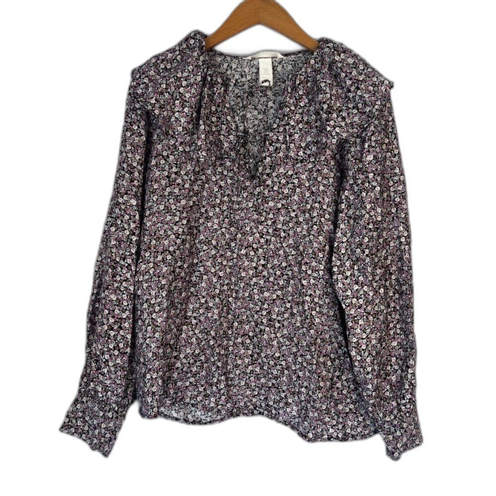 H&M Floral‎ Print Ruffle Collar Tie Neck Long Sleeve Peasant Blouse Size Small